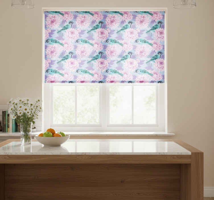 Toile fenêtre cuisine fleurs de jardin roses et oiseaux - TenStickers