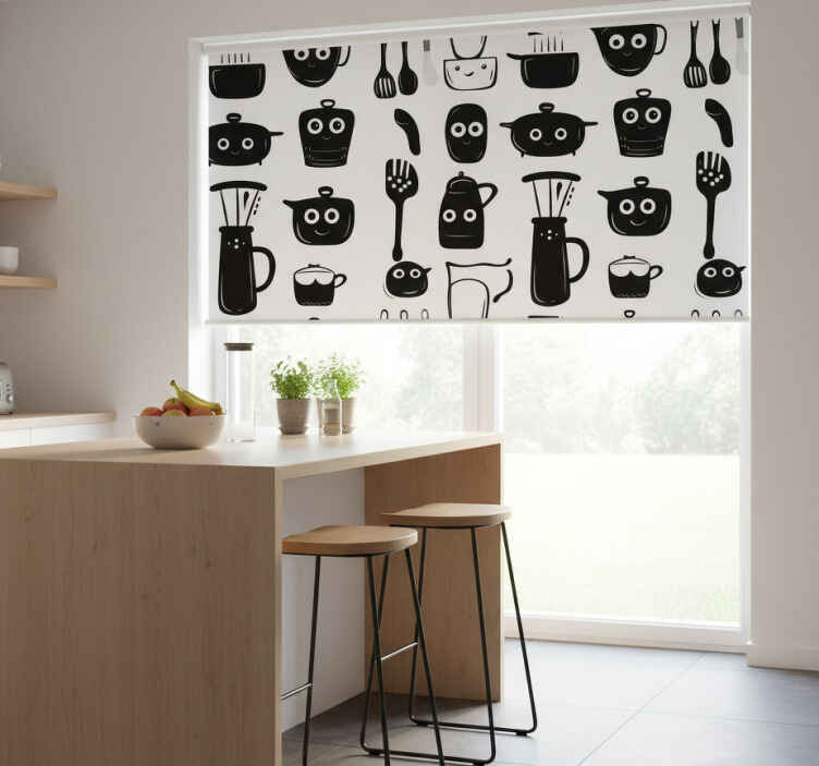 Roller blind for kitchen window with black utensils - TenStickers