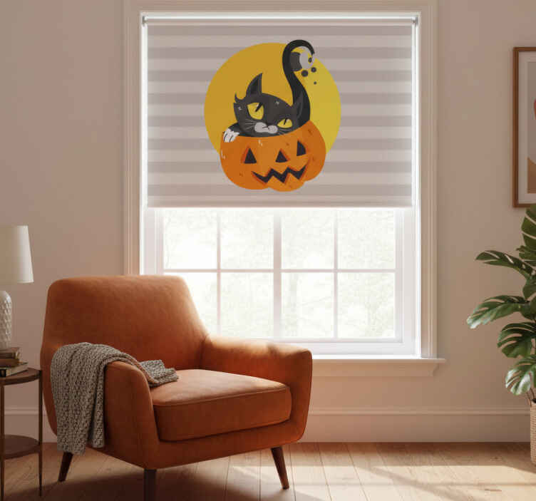 Grey blind with pumpkins and black cat design - TenStickers