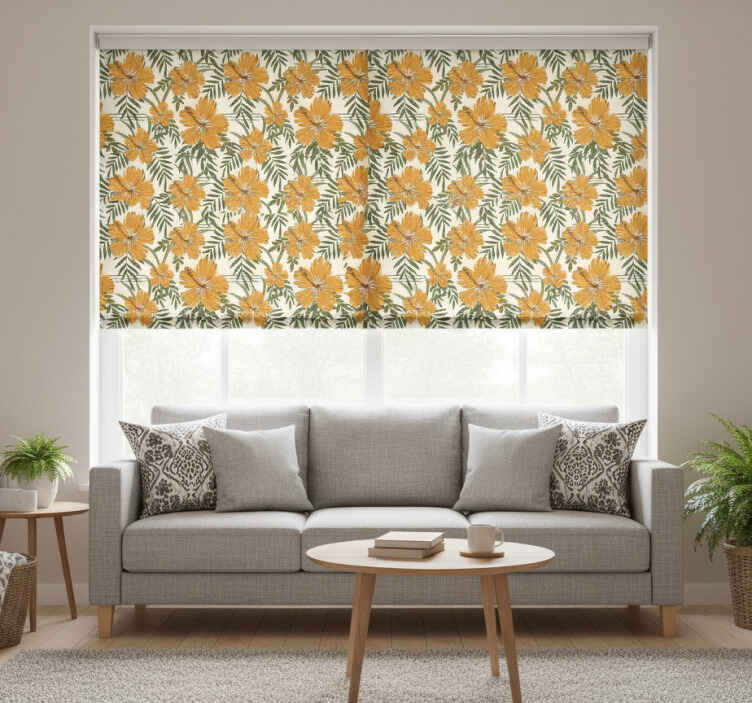 Toile fenêtre orange fleurs tropicales jaunes - TenStickers