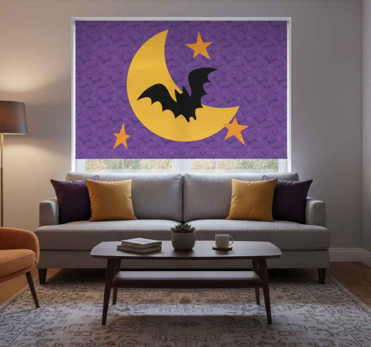 Store enrouleur violet nappe lune étoiles et chauve-souris - TenStickers