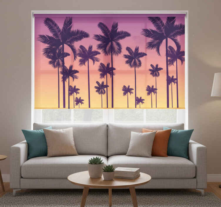 Toile fenêtre violet palmiers au coucher de soleil - TenStickers