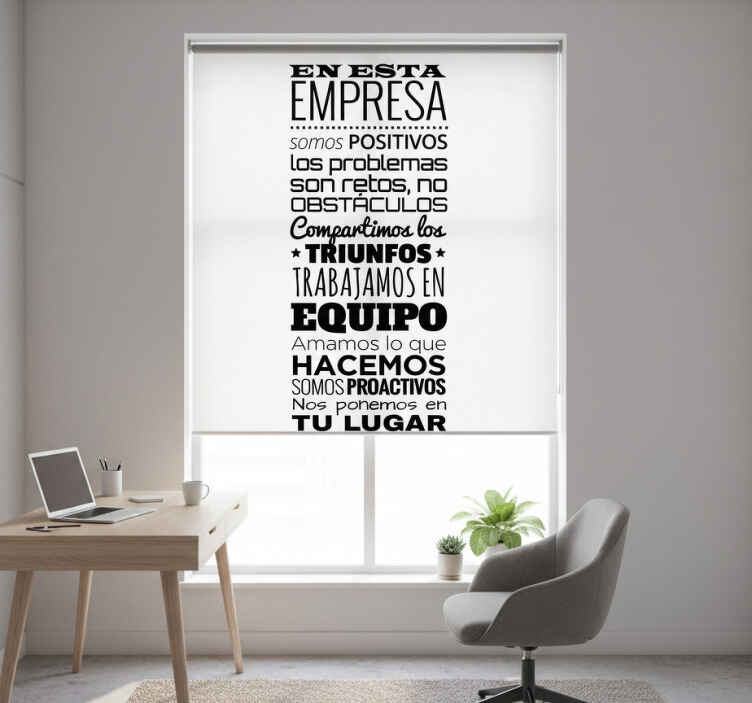 Cortina roller oficina vinilo decorativo texto empresa - TenVinilo