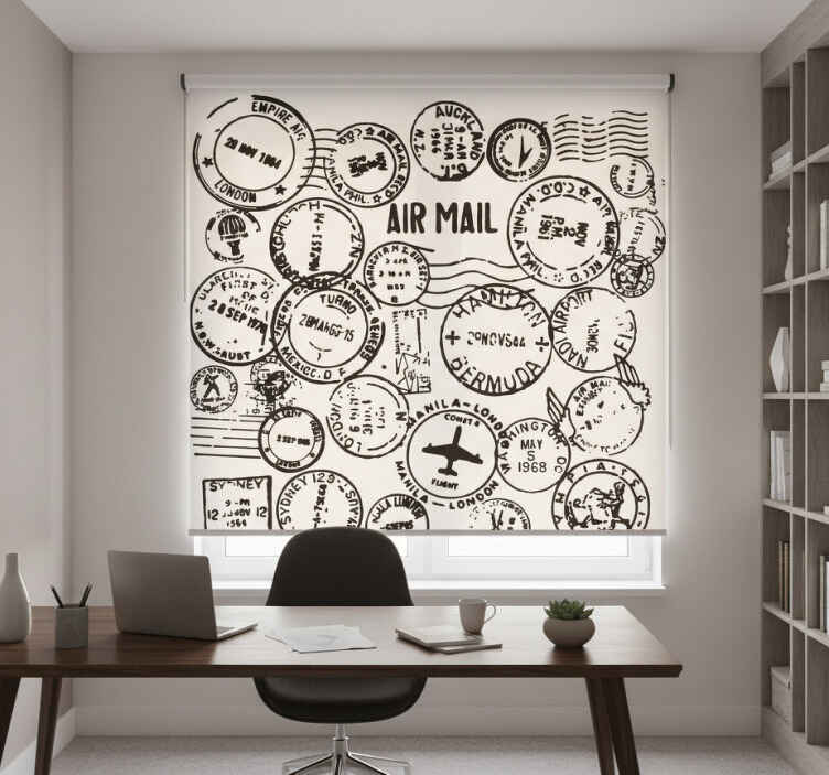 Cortina roller oficina vinilo decorativo pasaporte - TenVinilo