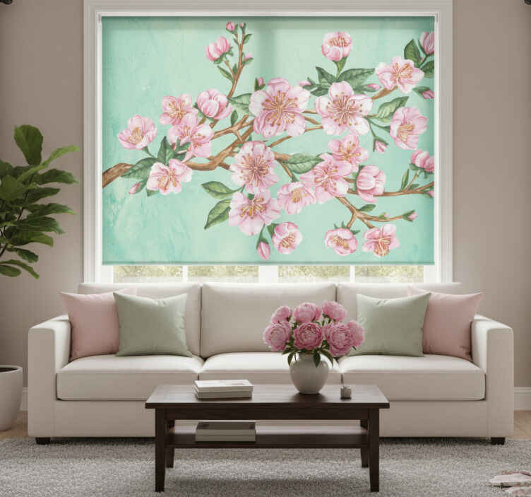 Rollo wohnzimmer mit künstlerischem ast und rosa blüten - TenStickers