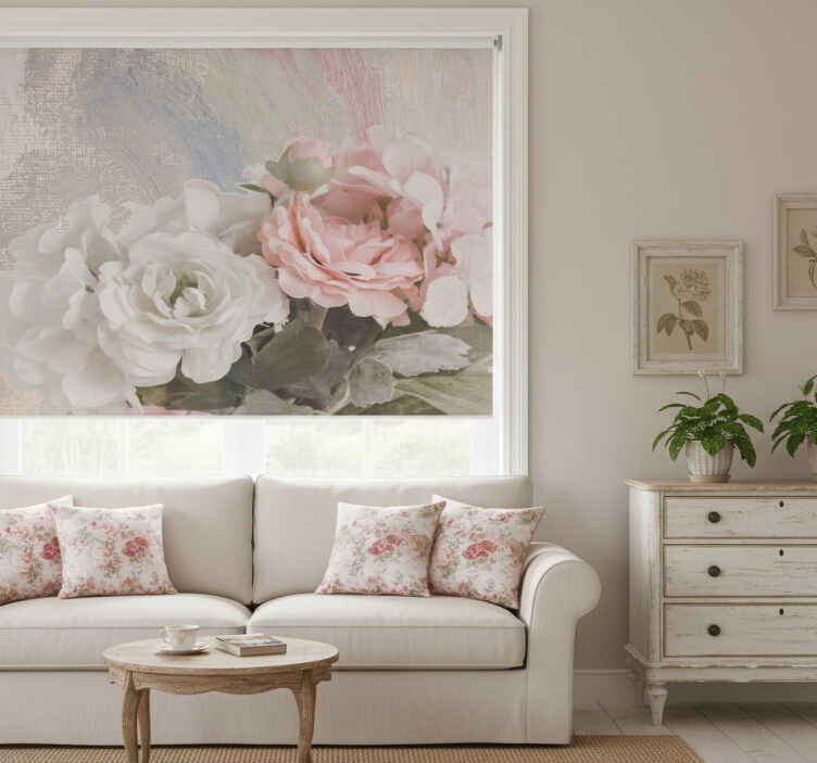 Estor enrollable salón flores blancas y rosas estilo vintage - TenVinilo