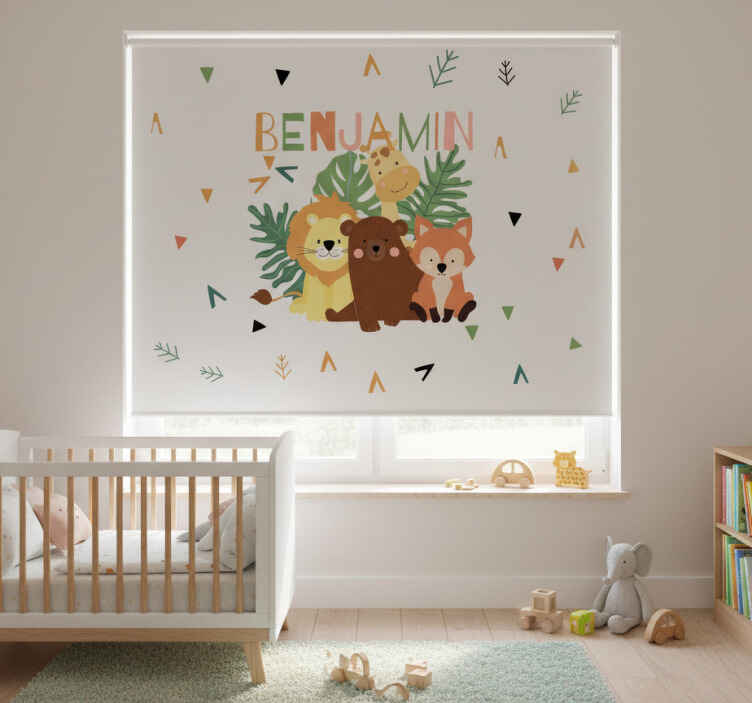 Rollo fenster kinderzimmer mit süßen wildtieren und blättern - TenStickers