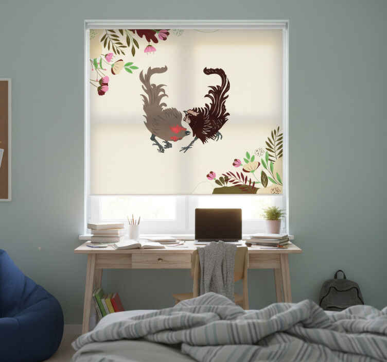 Rollo fenster beige mit zwei hähnen und blumen - TenStickers