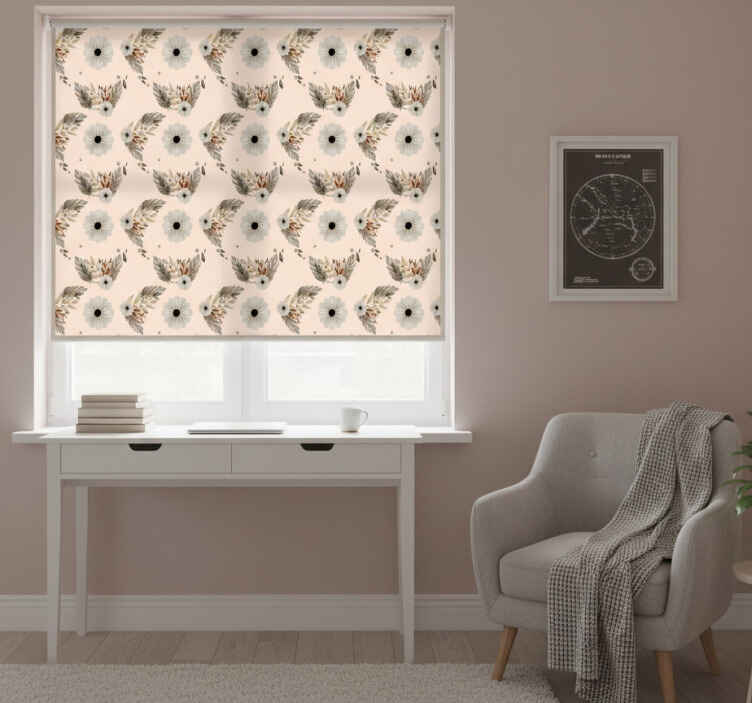 Rollo fenster beige mit pinken und schwarzen pastellblumen - TenStickers