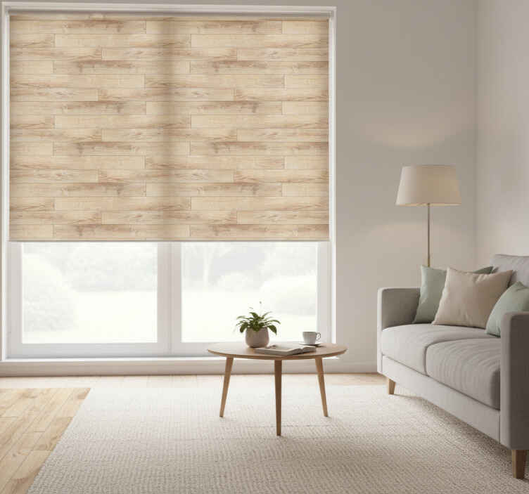 Cortina roller textura beige suelo de parquet - TenVinilo