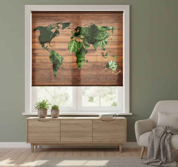 Cortina roller mapamundi mapa del mundo en jungla y madera - TenVinilo