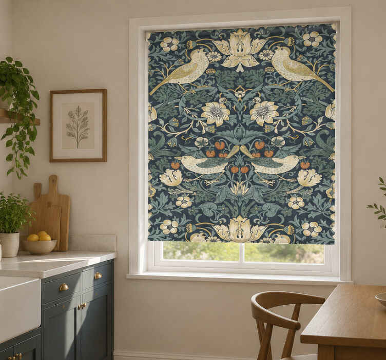 Estor enrollable cocina ancho 80 indigo pájaros ladrón fresa - TenVinilo