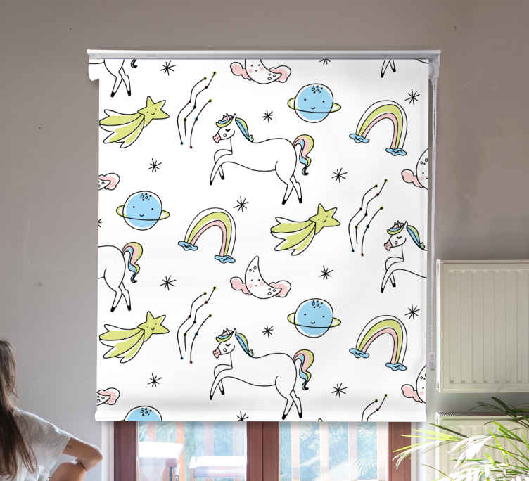 Persiana enrollable infantil unicornios blancos y estrellas - TenVinilo