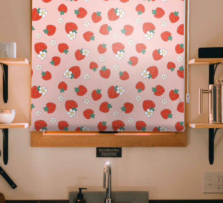 Jordbærmønster med blomster frugt rullegardin - TenStickers
