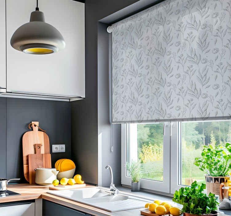 Grijs bloemmotief raambekleding Scandinavisch - TenStickers