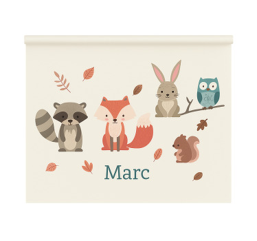 Store enrouleur chambre enfant animaux de la forêt avec nom - TenStickers