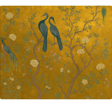 Cortina roller living comedor chinoiserie dorada adornada - TenVinilo