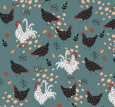 Rollo fenster küche mit schwarz-weißen hühnern und blumen - TenStickers