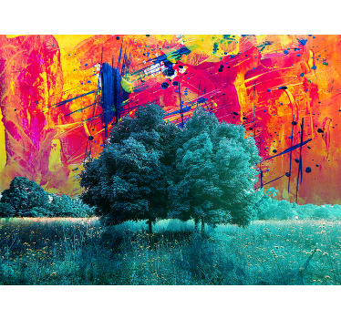 Living room blind colorful field landscape with trees - TenStickers