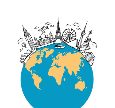 Living room blind with world map landmark icons - TenStickers