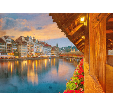 Rolgordijn woonkamer oude stijl gebouwen aan het meer - TenStickers