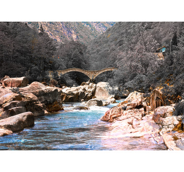 Rolgordijn woonkamer rivier in het bos met stenen brug - TenStickers