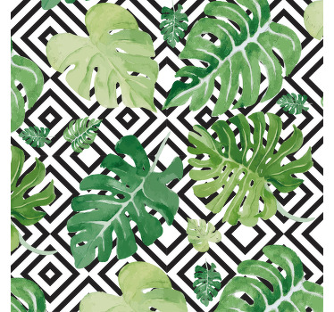 Living room blind with monstera leaves on geometric pattern - TenStickers
