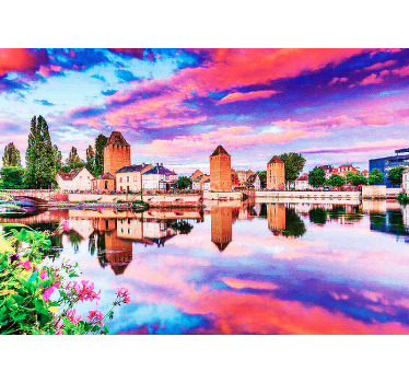 Toile fenêtre chambre ciel rose se reflétant dans l'eau - TenStickers