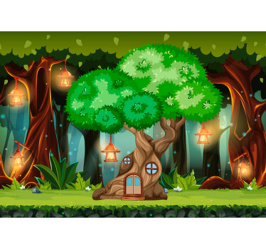 Toile fenêtre chambre enfant maison arbre féerique lanternes - TenStickers