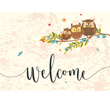 Toile fenêtre chambre enfant 3 hiboux et texte bienvenue - TenStickers
