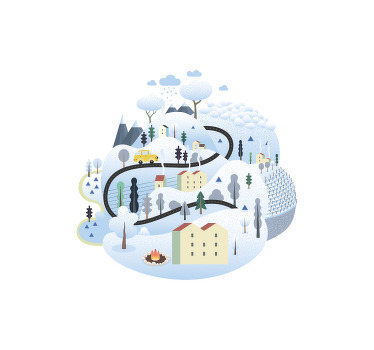 Toile fenêtre chambre enfant village gris avec montagnes - TenStickers