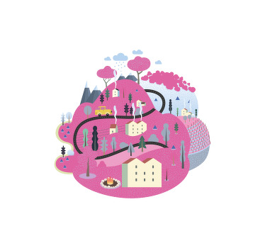 Toile fenêtre chambre enfant montagnes roses avec maisons - TenStickers