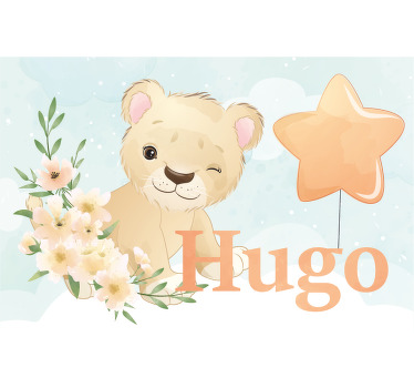 Toile fenêtre chambre enfant lion mignon avec prénom - TenStickers