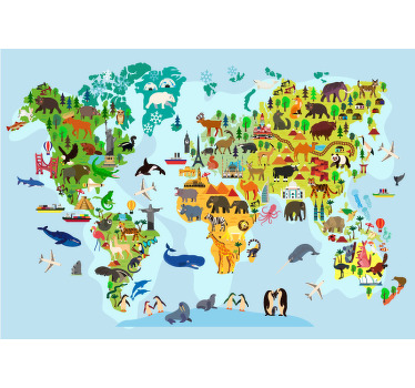 Rolgordijn wereldmap kind met monumenten en dieren - TenStickers