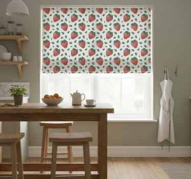 Cortina roller cocina fresas brillantes y hojas verdes - TenVinilo