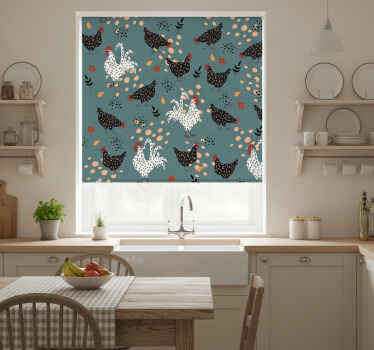 Rollo fenster küche mit schwarz-weißen hühnern und blumen - TenStickers