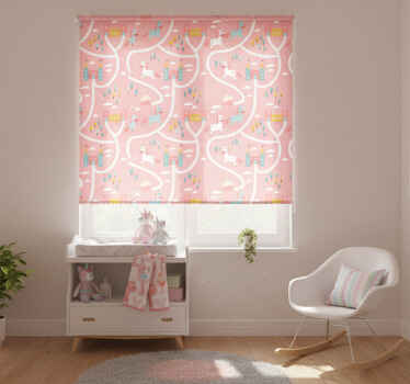 Rolgordijn kinderkamer roze cartoon eenhoorns en kastelen - TenStickers