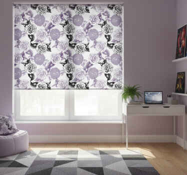 Cortina roller juvenil patrón de flores moradas y negras - TenVinilo