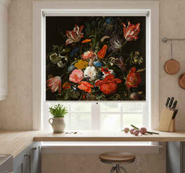 Tenda a rullo cucina pittura fiori rossi blu bianchi - TenStickers