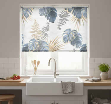 Cortina roller cocina plantas tropicales azules fondo blanco - TenVinilo