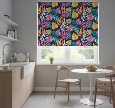 Cortina roller cocina hojas multicolor fondo azul - TenVinilo
