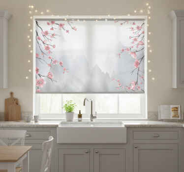Estore de rolo para cozinha flores de cerejeira e montanhas - TenStickers