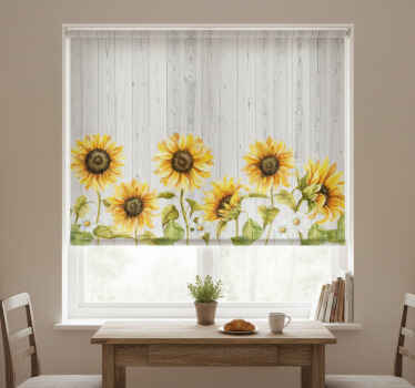 Estore de rolo para cozinha girassóis em tábuas cinzas - TenStickers