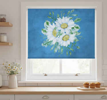 Estore de rolo para cozinha flores brancas sobre fundo azul - TenStickers