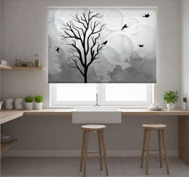 Tenda a rullo cucina albero nero artistico con uccelli - TenStickers