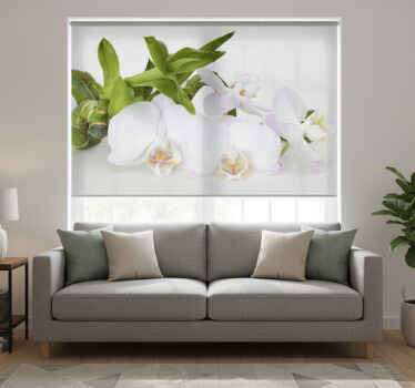 White roller blind with white green orchid design - TenStickers
