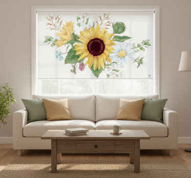 White roller blind with sunflowers and daisies - TenStickers