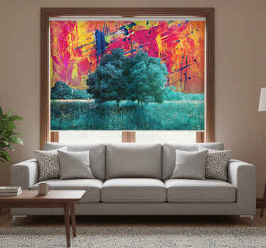 Living room blind colorful field landscape with trees - TenStickers