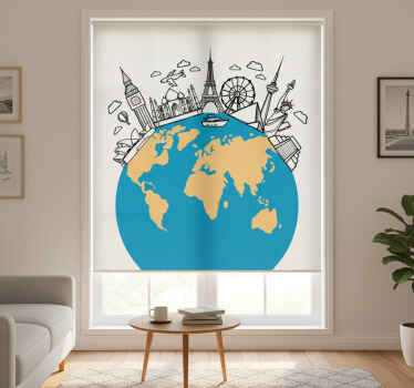 Living room blind with world map landmark icons - TenStickers
