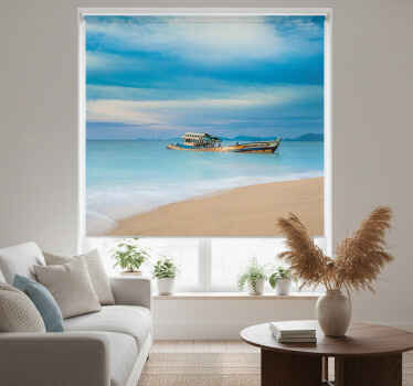 Cortina roller living comedor barco en la playa - TenVinilo